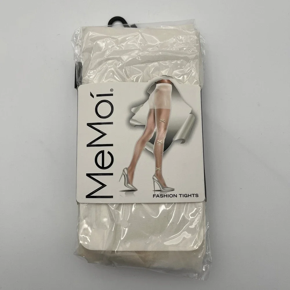 MeMoi Tights‎ Women L/XL Ivory Velvet Bows Sheer Tights MTS09731 Fashion Hosiery